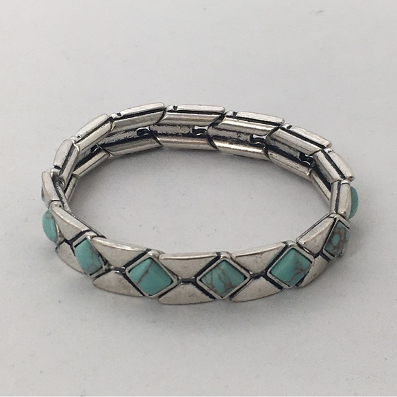 Fossil, Silver And Turquoise Stretch Bracelet, Nice Quality - Picture 2 of 5